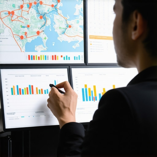 Advanced Maps Analytics Analysis Person analyzing maps analytics and data interpretation on a digital screen