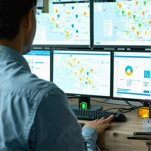 Person reviewing local SEO dashboards with maps and analytics tools