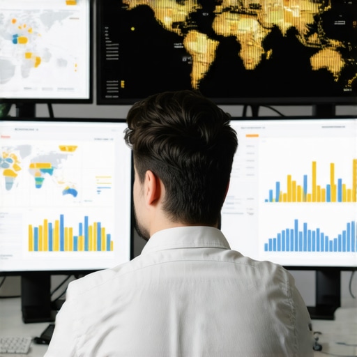 Advanced Maps Analytics and Dashboard Insights SEO analyst analyzing maps and KPI dashboards on multiple screens