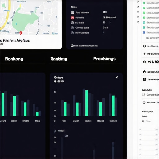 A detailed digital dashboard showing local SEO metrics, maps analytics, and GMB performance charts.