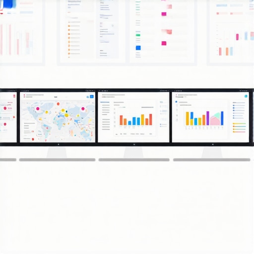 A workspace with screens displaying maps analytics, SEO KPIs, and ranking dashboards, emphasizing effective data management.