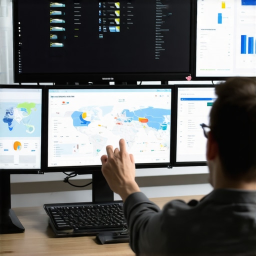 SEO specialist using multiple screens displaying maps analytics and performance dashboards