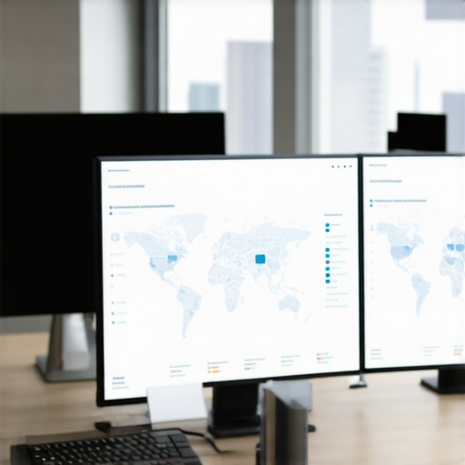 Analytics Workspace Setup for Long-Term SEO Maintenance A professional office with multiple screens showing maps analytics dashboards, highlighting tool maintenance