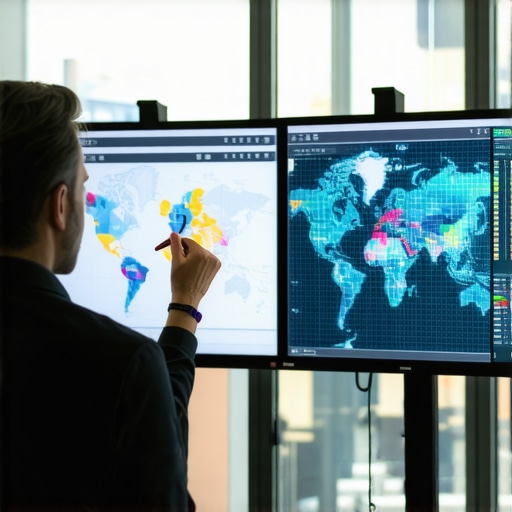 Business analyst reviewing maps heatmaps and analytics on a large computer monitor