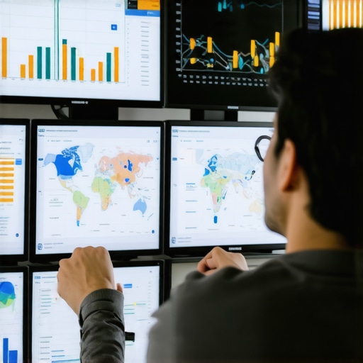 A person analyzing local SEO maps analytics and performance reports on multiple screens.