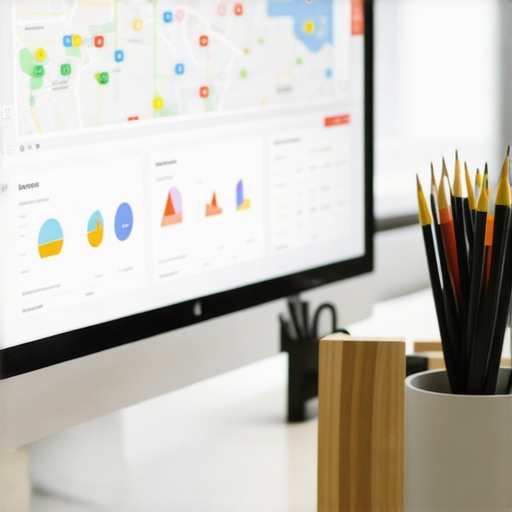 Monitoring Local SEO Performance Person analyzing maps analytics and KPI dashboards on a computer screen.