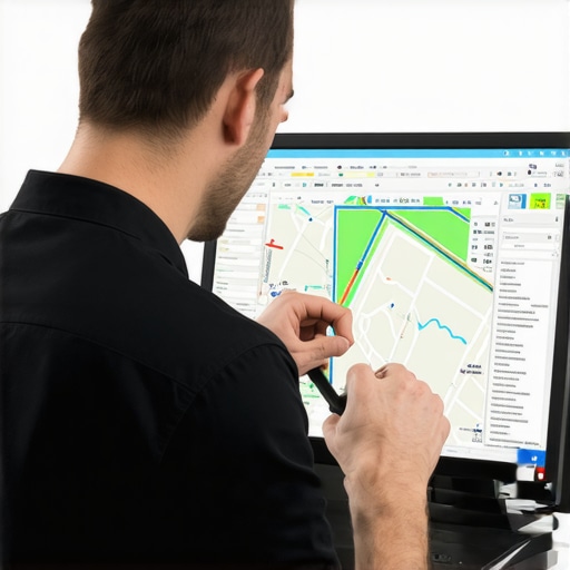 Technician analyzing digital maps with GPS data on a computer screen