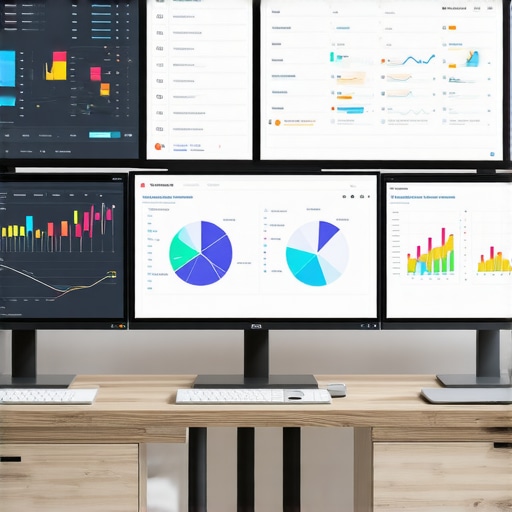 SEO Dashboard Workspace A workspace with multiple monitors displaying SEO metrics, maps analytics, and performance dashboards, representing effective local SEO tool maintenance.