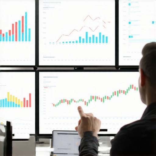 Person reviewing SEO analytics on computer screens with complex charts.