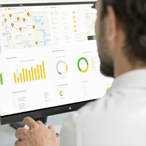 Marketing professional reviewing local SEO dashboards with maps and charts