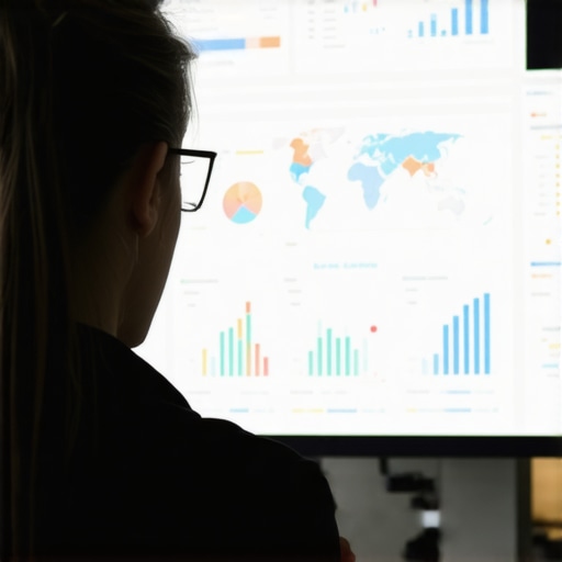 Person studying local SEO analytics on a computer screen showing maps and KPI charts.