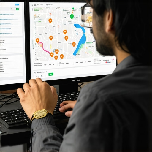 Digital marketer reviewing maps analytics dashboards with location data insights.