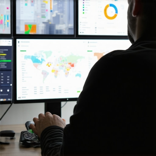 Marketing professional reviewing SEO charts and maps analytics on multiple monitors.