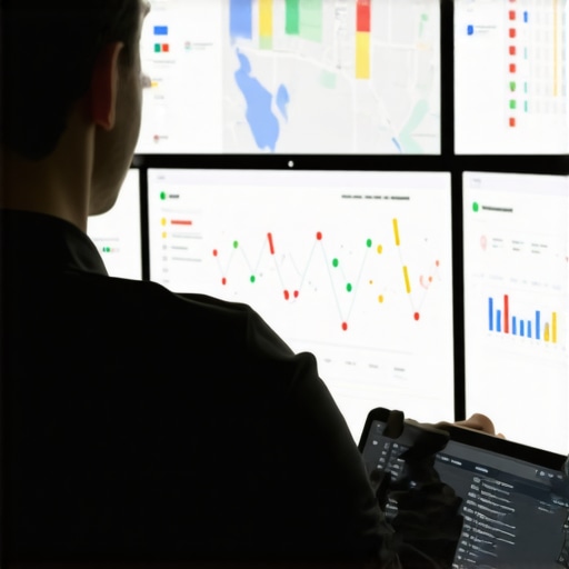 Integrating Maps AI Data into SEO Dashboards Person working on SEO dashboard with maps analytics on multiple monitors