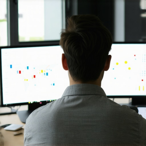 Monitoring Local SEO Performance An overview of a digital marketing professional reviewing local SEO and maps analytics on dual monitors.