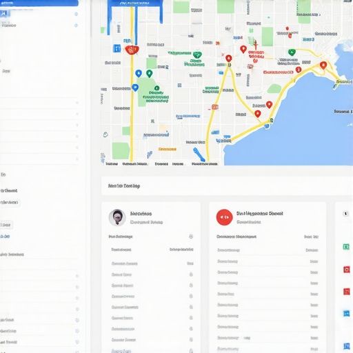 A dashboard displaying local SEO KPIs, map pins, and AI map updates