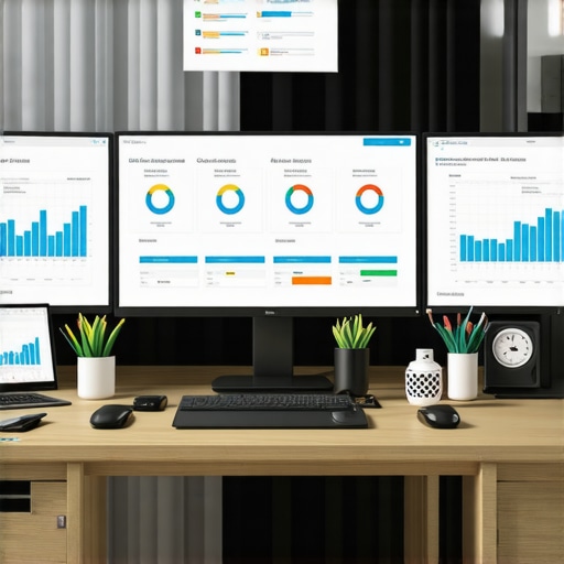 A professional workspace with screens showing local SEO analytics, dashboards, and maps insights, illustrating effective SEO management