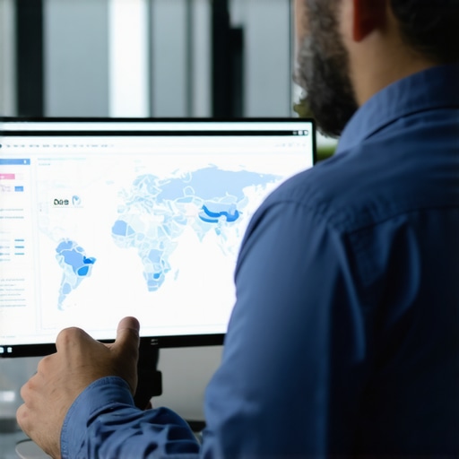 Person reviewing local SEO analytics dashboards with AI map overlays.