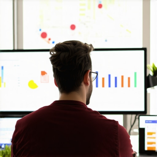 A digital marketing professional analyzing local SEO performance data with multiple screens showing maps, analytics, and ranking reports.