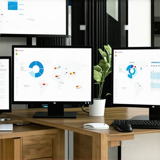 A workspace with multiple monitors displaying local SEO analytics and maps dashboards.
