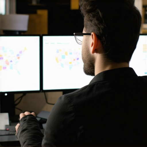 Person reviewing multiple screens displaying local SEO metrics and maps