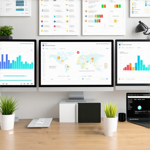 A professional analyzing maps analytics and SEO dashboards on multiple screens in an office setting.