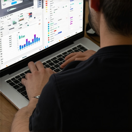 Person analyzing local SEO dashboards on a laptop screen for data maintenance and strategy.