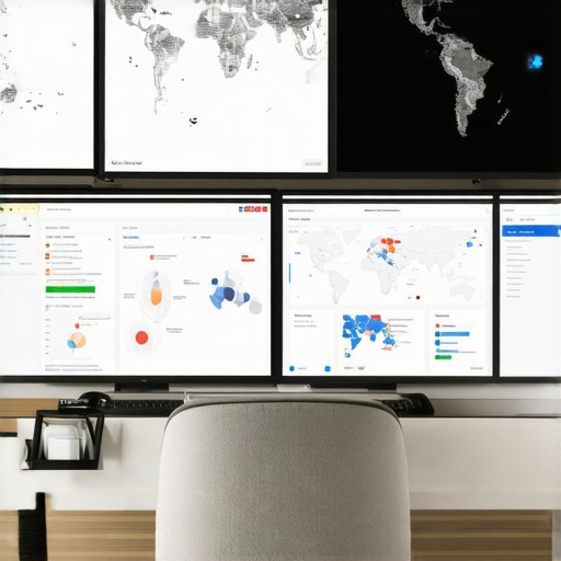 Laptop and monitors displaying local SEO analytics dashboards and maps